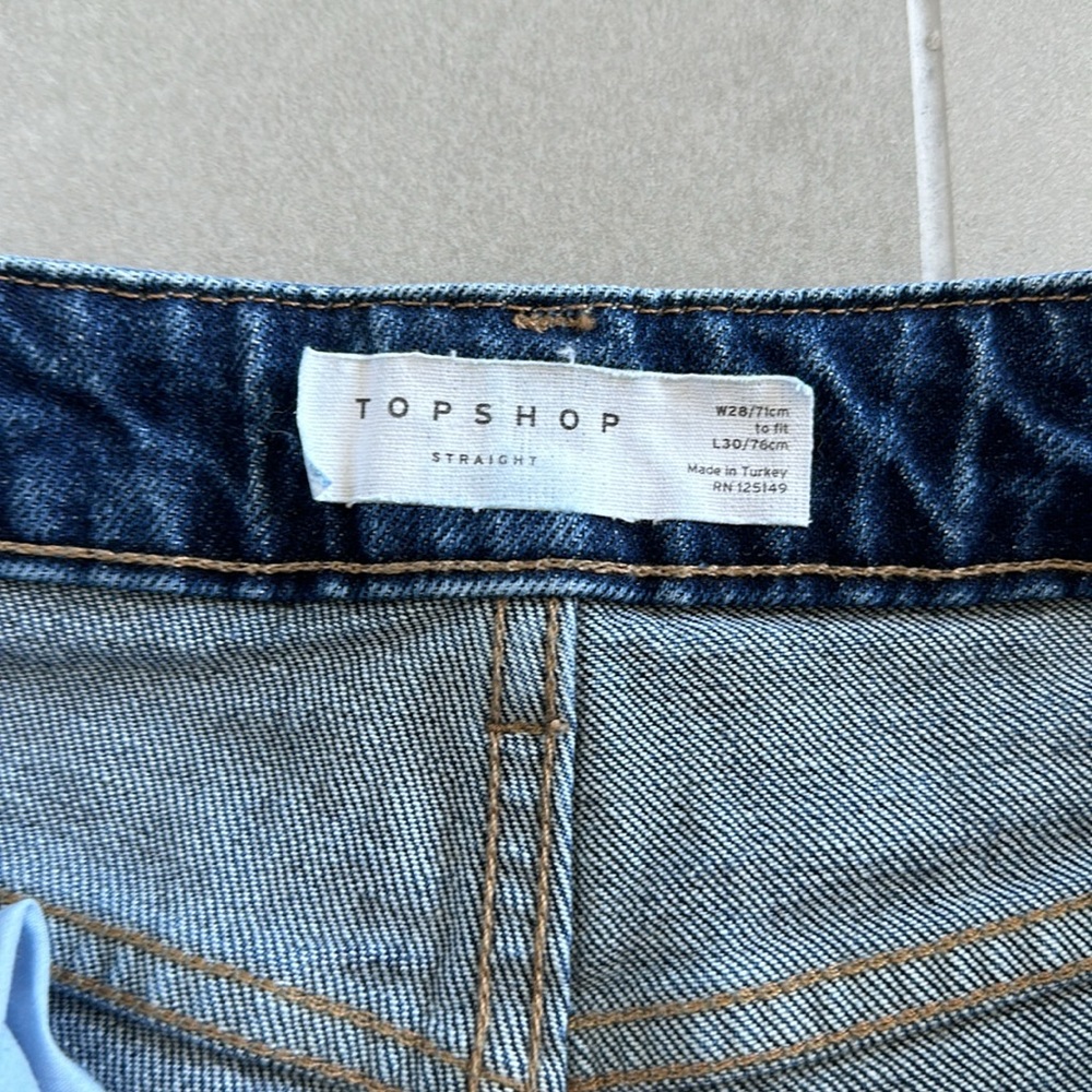 Topshop Straight Cut Jeans in Dark Blue Denim Raw Hem Size 28 - Picture 4 of 6